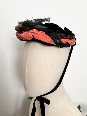 Antique Victorian 1800s Black Pink Velvet Bonnet with Sequins and