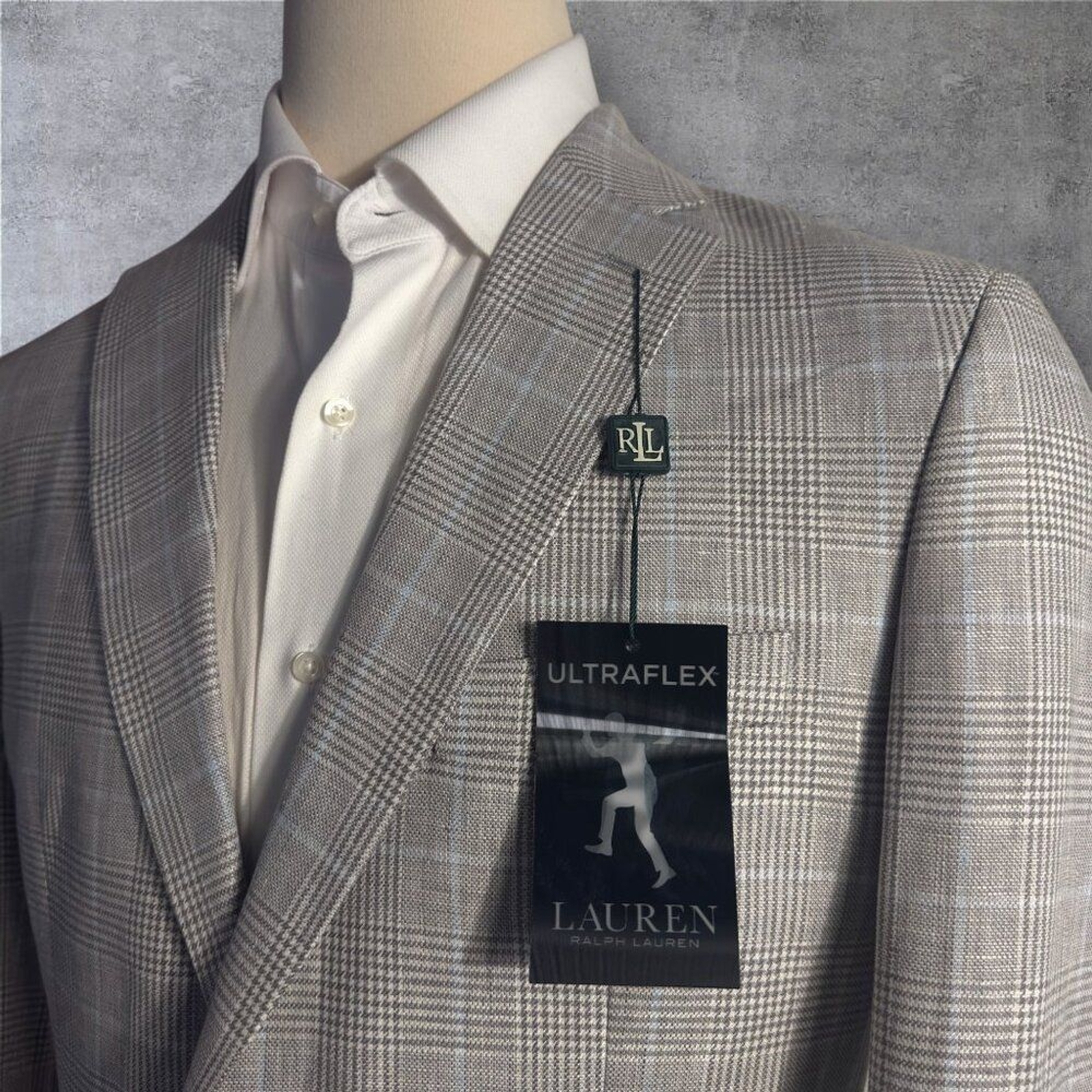 RALPH LAUREN Mens Blazer Sport Coat Two Button Jacket 48R LINEN Plaid Gray/Blue thumbnail 2