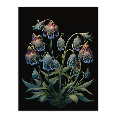 Delicate Plant Blooms on Black Ernst Haeckel Style Artwork Wall Art Poster Print