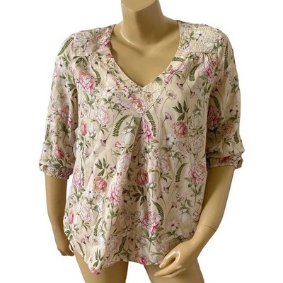 DR2 Daniel Rainn Peasant Blouse Womens S Floral Boho V Neck Pleated Lightweight