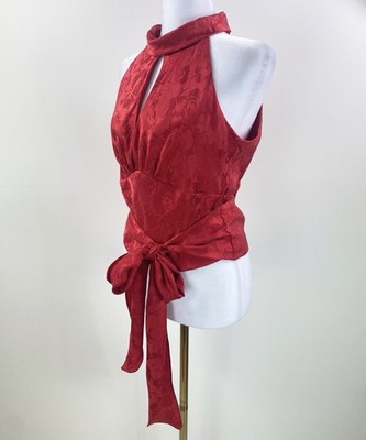 Moss & Spy Red 100% Silk High Neck  Top Size 12 Floral Belted Wrap Cocktail