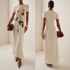 Oscar de la Renta Painted Rose Stretch Jersey Maxi Dress Ivory Size 10 NWT