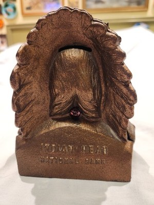 Original Indian Head National Bank Cast Iron Still Bank, Near Mint