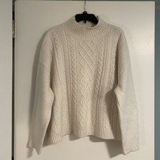 LOFT Womens Cable Knit Sweater Sz L Mock Neck Cream Long Sleeve Soft Wool Blend