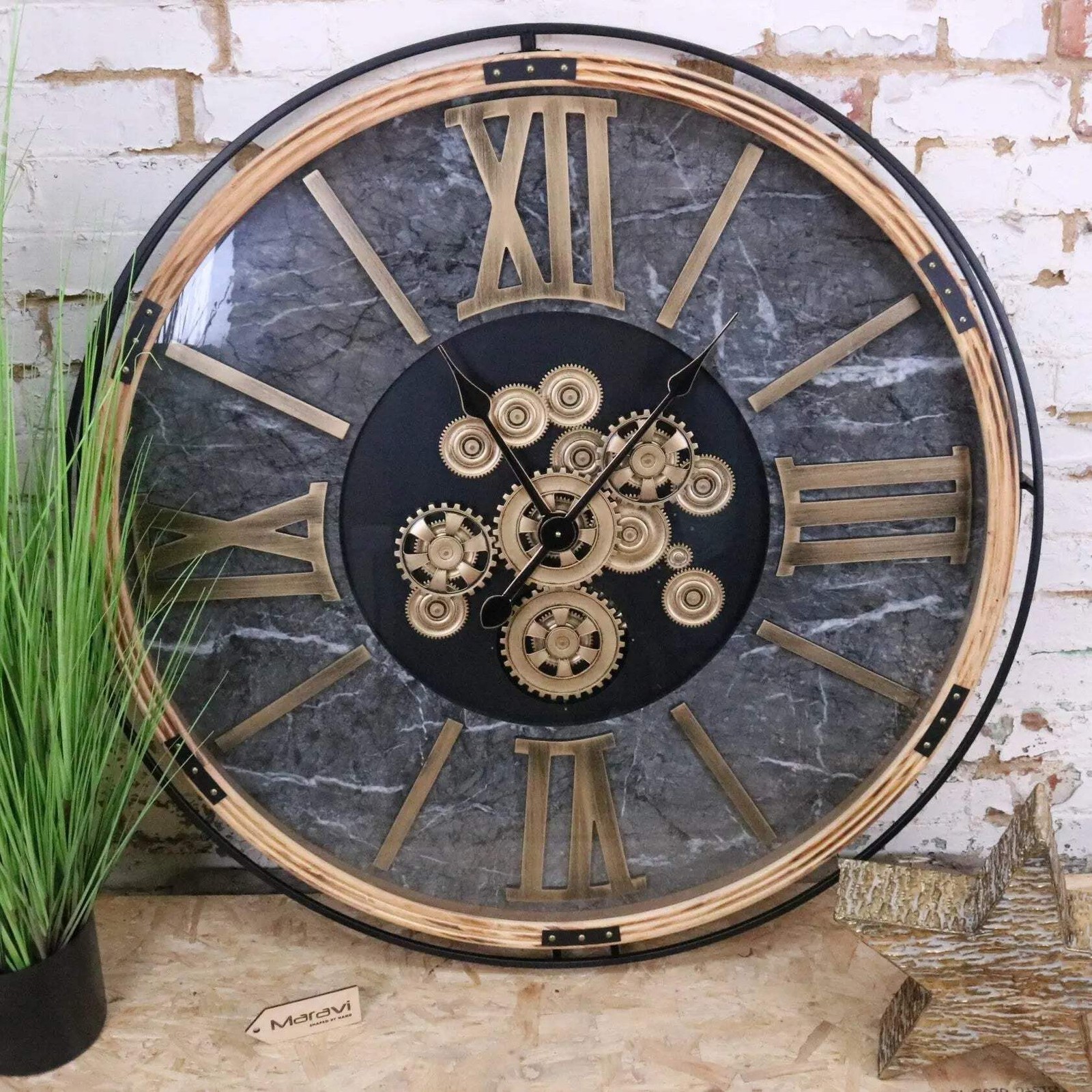 Industrial Extra Large 112cm Cog Clock Gold and Grey Home Decor Showpiece
