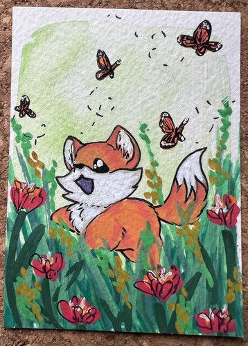 ACEO Original Butterfly Garden Fox in Meadow of Red Flowers CinderSketch