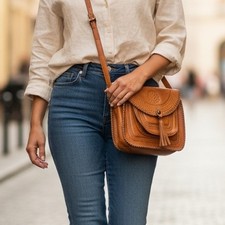 Patricia Nash Brown Embossed Hand Tooled Leather Crossbody Bag Purse Neutral