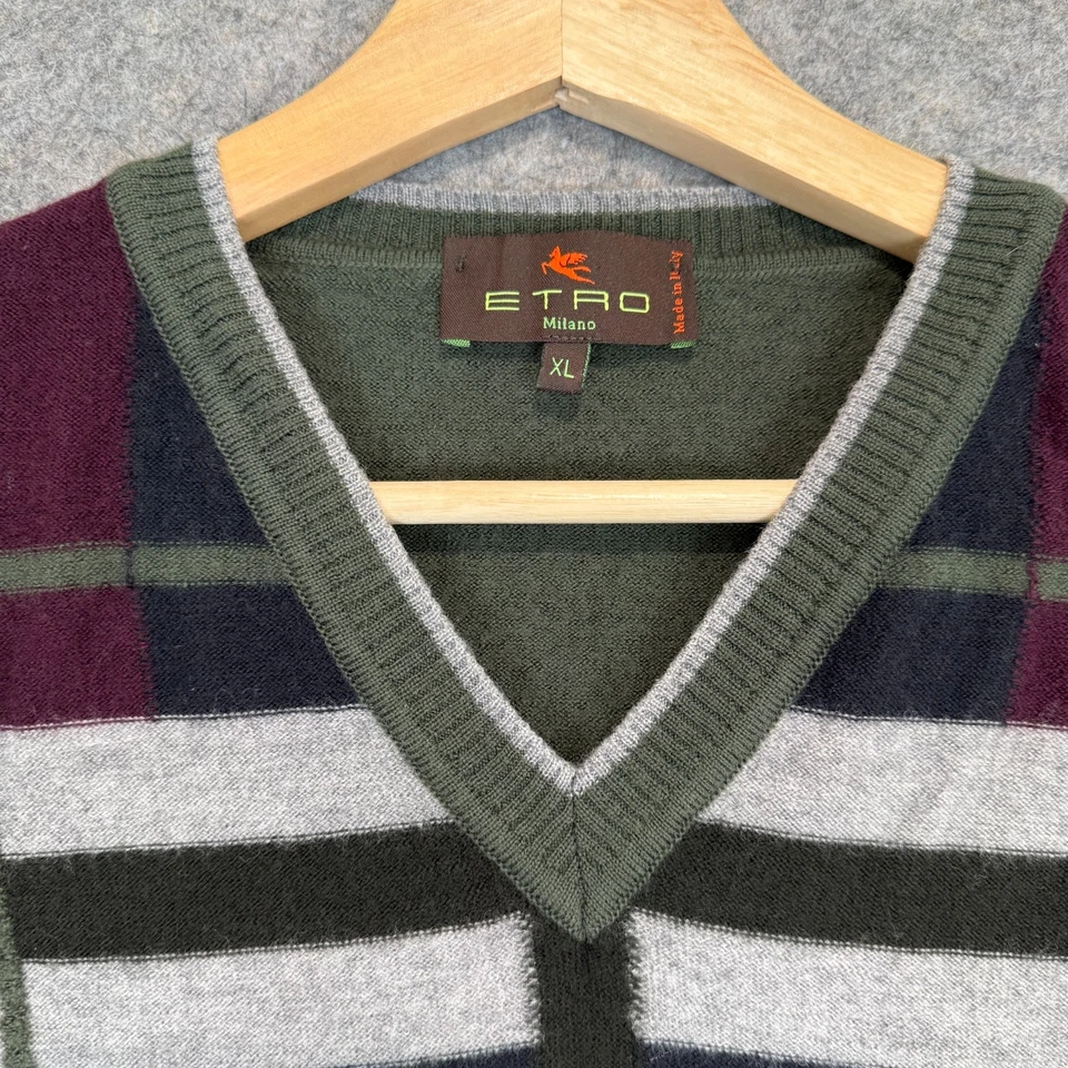 ETRO 100% Lana Suéter Chaleco Mujer XL Ventana Cuadros Rojo Verde Tejido Diseñador Foto 2 de 4