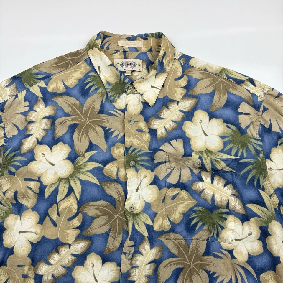 Campra Moda Hawaiian Shirt XL Blue Tan Floral Tropical Button Front Korea Vtg - Image 2 of 4