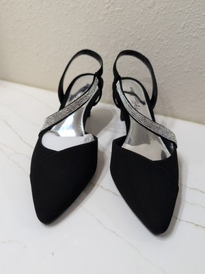 Easy Street Alive 5 Black Faux Suede w/ Rhinestone Strap 3'' Heels Sz 8.5 WW NEW