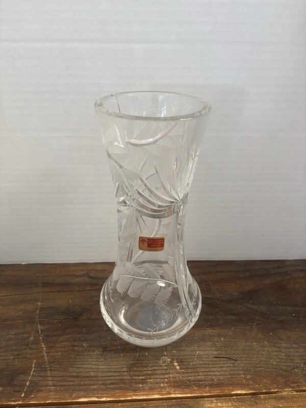 Vintage German Lead Crystal Vase 24% Cut Glass Floral Fern 10.5" LAUSITZER