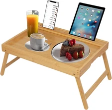 Bed Tray Table with Handles Folding Legs, Bamboo Breakfast Food Tray with Media 