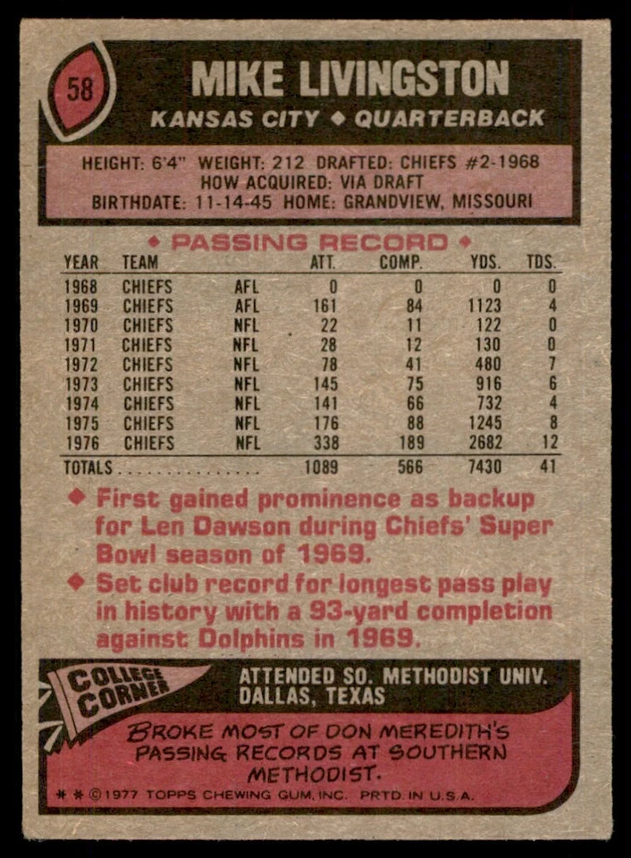 1977 TOPPS MIKE LIVINGSTON KANSAS CITY CHIEFS #58 - Image 2 of 2