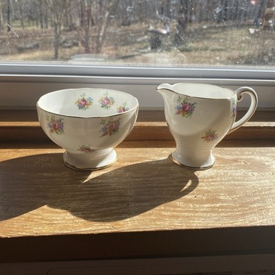 VTG Adderley England Fine Bone China Creamer & Sugar Bowl White w/ Tiny Flowers