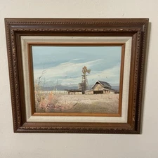 VTG Oil Painting Signed Framed Farm House Cottage Core Windmill Barn 15"x13"