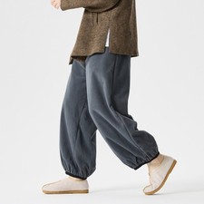 Japanese Men Straight Baggy Pants Drawstring Elastic Waist Warm Lined Trousers