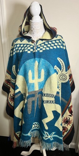ALPACA Wool Hooded Fringed Poncho Pullover UNISEX Handmade