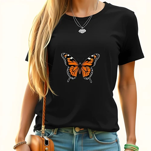 Women's Black T-Shirt with Orange Monarch Butterfly Crew Neck Style-All-cotton