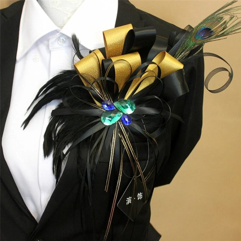 Men Brooches Ribbon Feather Crystal Epaulette Shoulder Pads Host Vintage Look - Image 2 of 4