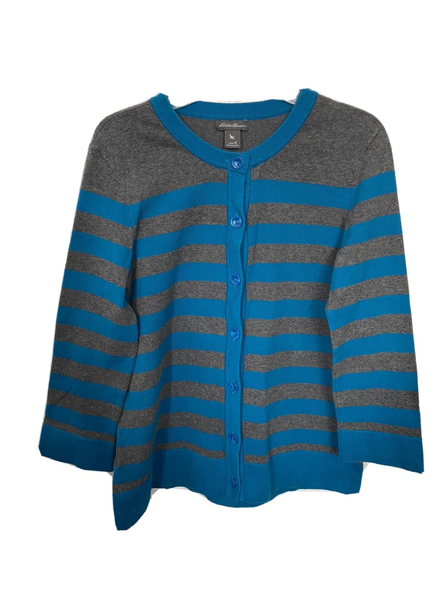 Eddie Bauer Women Striped Button Front Cardigan Sweater Blue Gray