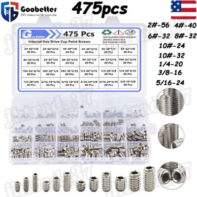 475Pcs SAE Grub Screws Allen Socket Set Screw Assortment Kit 304 Stainless Steel