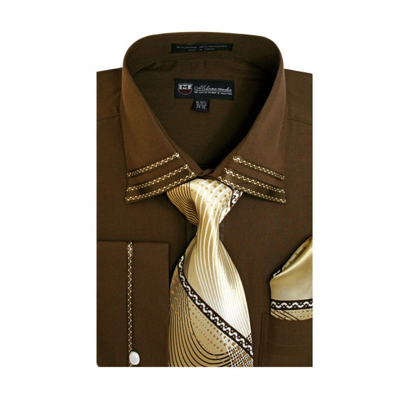 Camicia Uomo Pois French Cuff Con Cravatta E Fazzoletto - Fortino Landi Marrone/Bianco - Foto 2