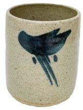 Vtg South African Salt Glazed Blue Bird Beige  Stoneware Drinking Glass/Mug 3.5"