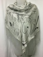 Square Scarf Silver Metallic Shiny Dark Gray Charcoal Floral Print with Fringe