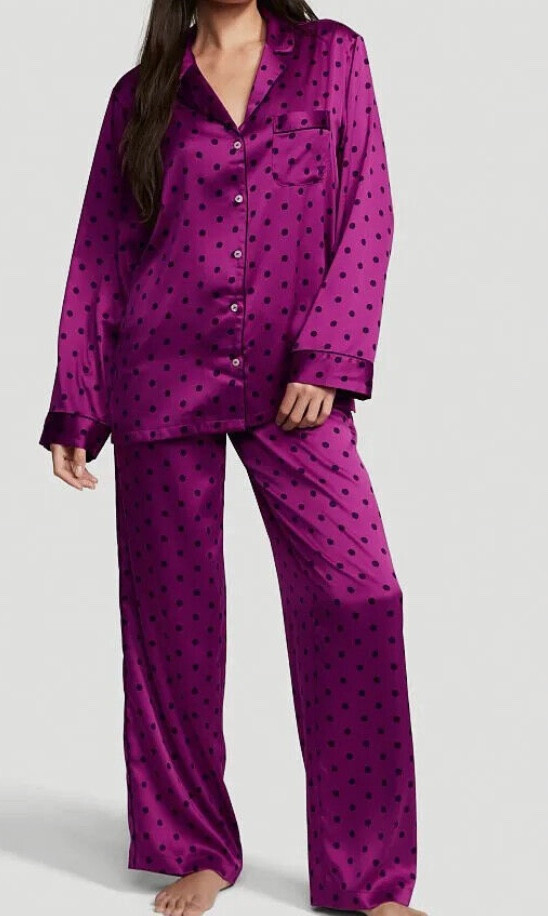 Victoria Secret Satin Pajama PJ Top Bottom Purple Polka Dot Regular Sleep  Set S