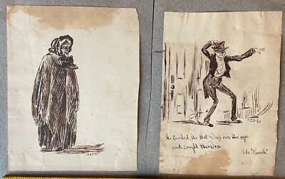 2 Antique Pen & Ink Drawings Signed E.G.F. 1885 Old Lady Punch London Charivari