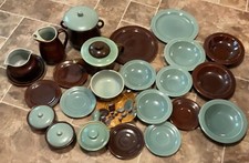 VINTAGE RED WING VILLAGE GREEN AND VILLAGE BROWN DISHES, TEA POT JARS, BOWLS SET