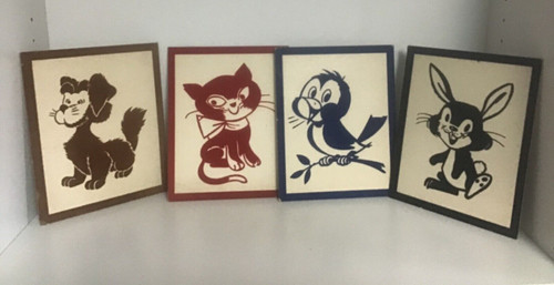 Vintage 4 Child’s Nursery - cat, dog, bird and rabbit - felt wall pictures