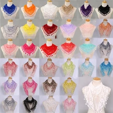 Women Girls Lace Sheer Floral Triangle Veil Scarf Shawl Head Wrap Tassel Muffler