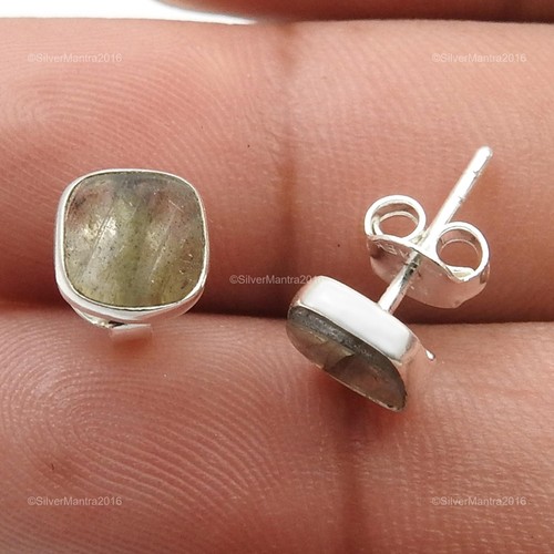 Boucles D'Oreilles Clous En Labradorite Et Argent Sterling 925 - Fait Main Vintage