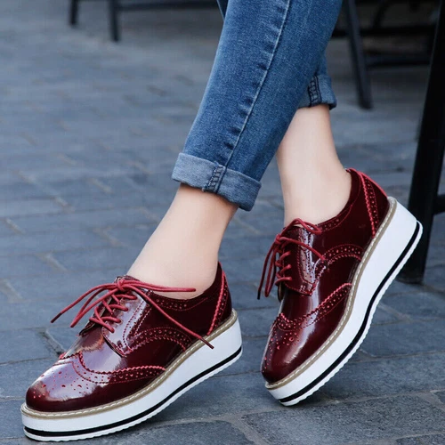 Womens Brogues Oxfords Pumps Platform Creeper Lace Up Wingtip Wedge Heel Shoes - Picture 5 of 28