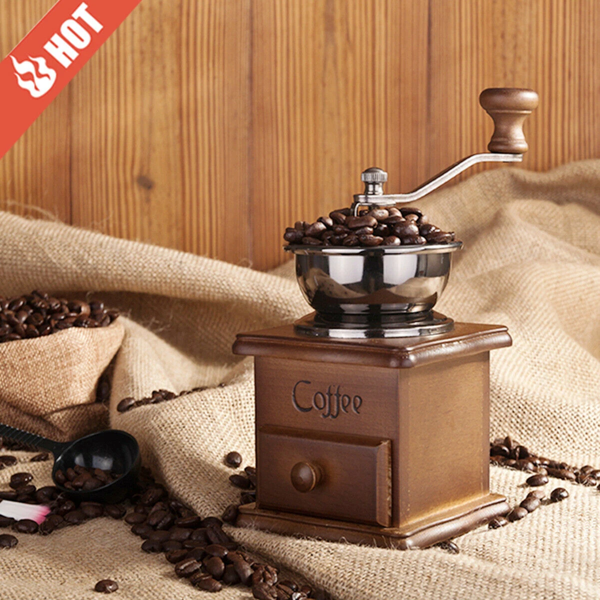 Coffee Bean Grinder Vintage Retro Manual Hand Crank Wooden Herb Burr Mill Spice