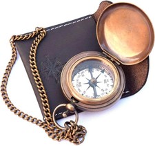 Handmade Nautical Brass Push Open Compass On Chain with Leather Case, Pocket Com