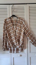 NWT Max Studio Women's Size L Plaid Draped Cross Front Surplice Long Sleeve Top
