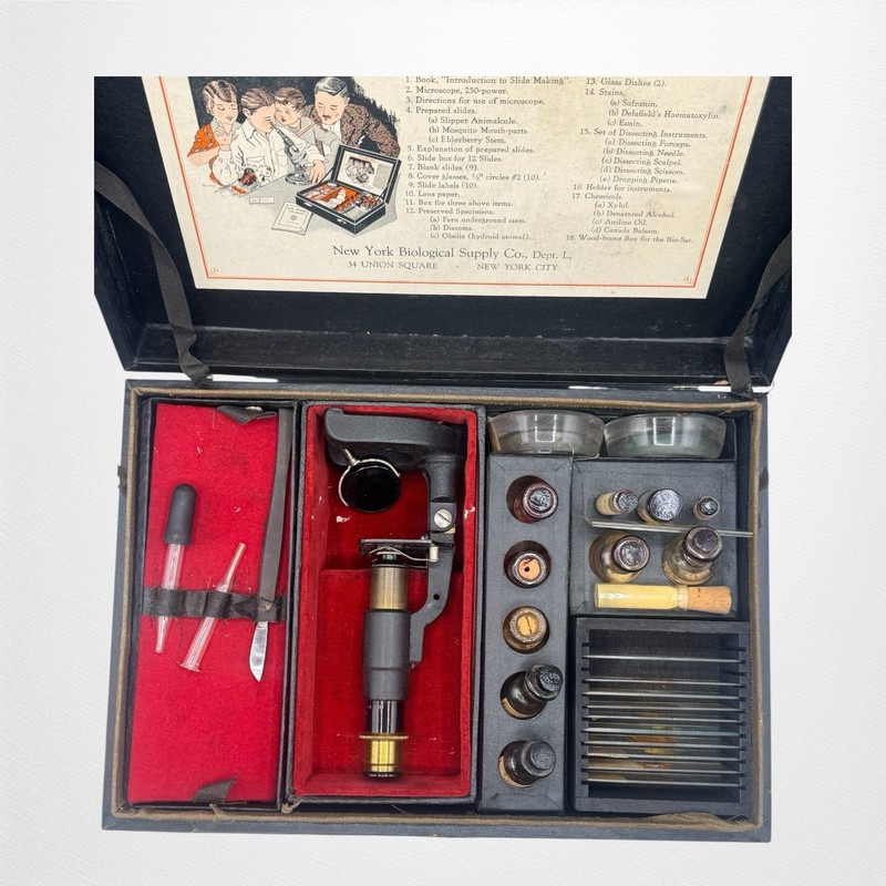 Vintage 1927 Bio-Set Wollensak Microscope Kit NY Biological Supply Slide Set