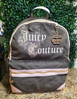 Juicy Couture Brown Large Pink Logo Backpack Gold Hardware Crown Charm Zip Top - Image 1 of 4