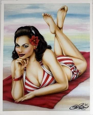 Steve Baier Original Sketch Pin Up Art Woman On Beach 8x10”