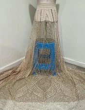 Champagne Beaded Sequins Embroidery Bridal Lace Fabric 50” Width By The Yard