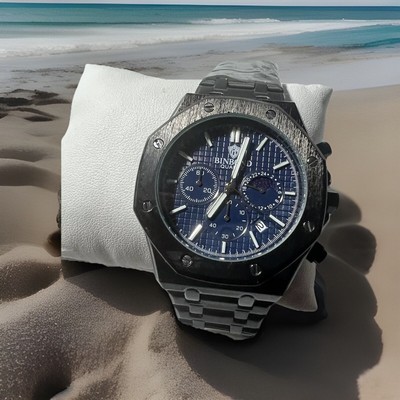 BINBOND Men s classic design navy blue, Chronograph date,Sun/moon,45mm Case.