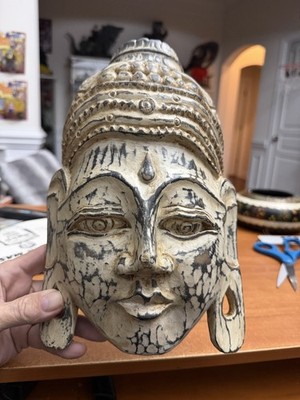 Vintage Chinese Asian Oriental Wooden Hand Carved Mask Warrior Buddha