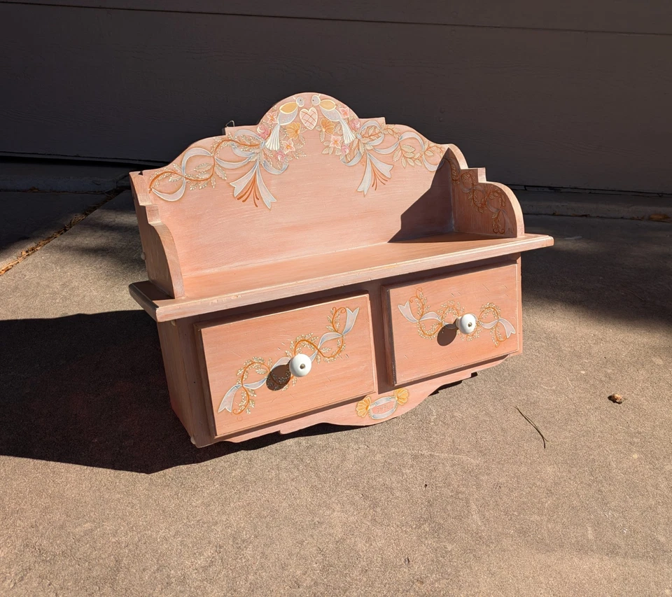 Vintage Cottage Boho Shabby Chic Pink Hand Painted Wall Shelf Curio Drawers J43 - Image 2 of 4