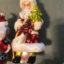 VINTAGE AMERI-CHRISTMAS TREE ORNAMENT BLOWN GLASS SANTA W/BAG OF TOYS  Red