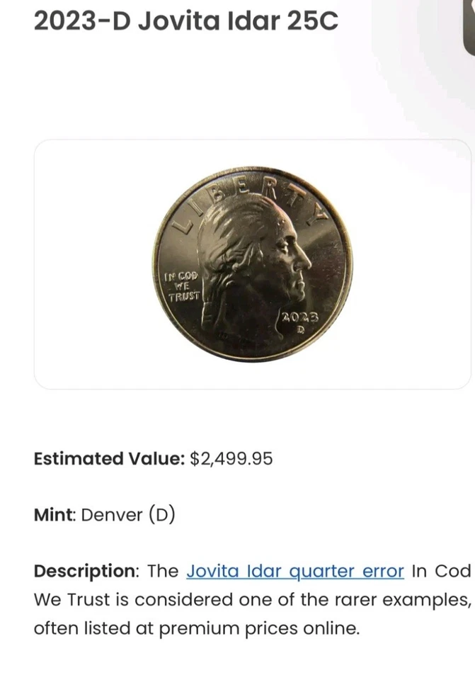 2023 D Jovita Idar Quarter Error Coin in Cod We Trust - Image 2 of 3