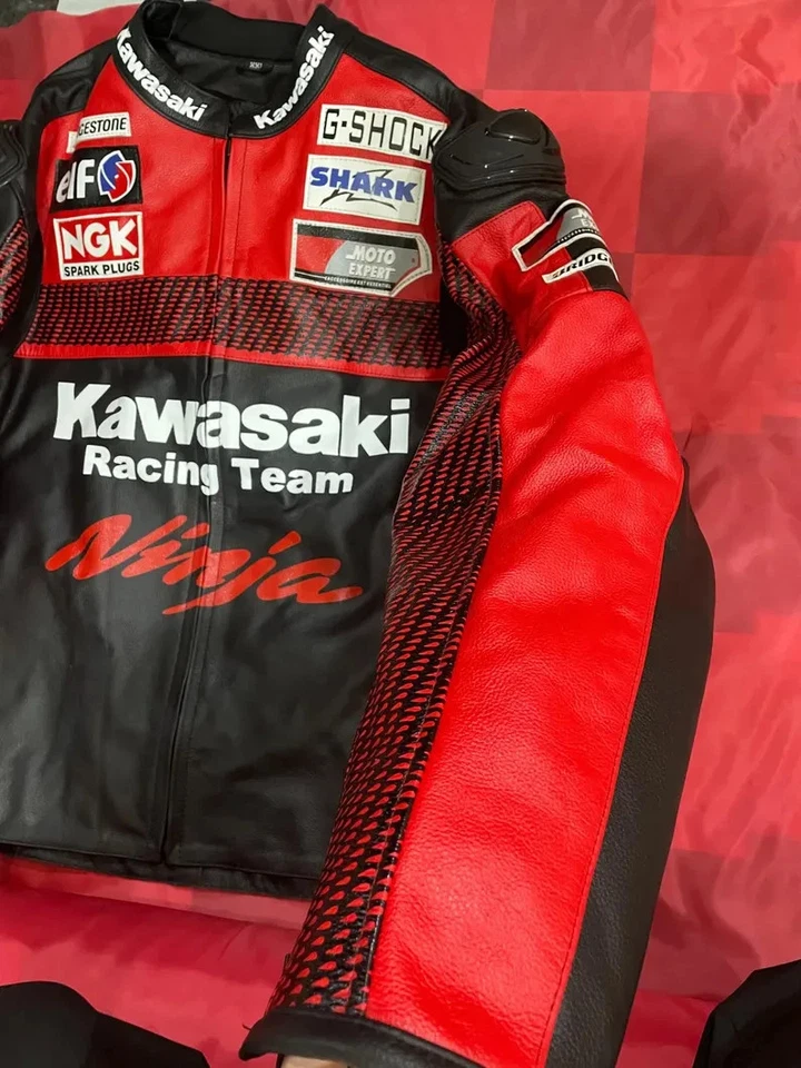 Chaqueta de cuero Kawasaki Racing Moto Kawasaki Ninja Motocicleta Motociclista Chaqueta Foto 3 de 4