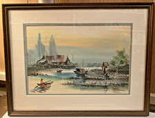 VINTAGE ORIENTAL FRAMED & GLAZED PICTURE RIVER SCENE 15x12" (P2)