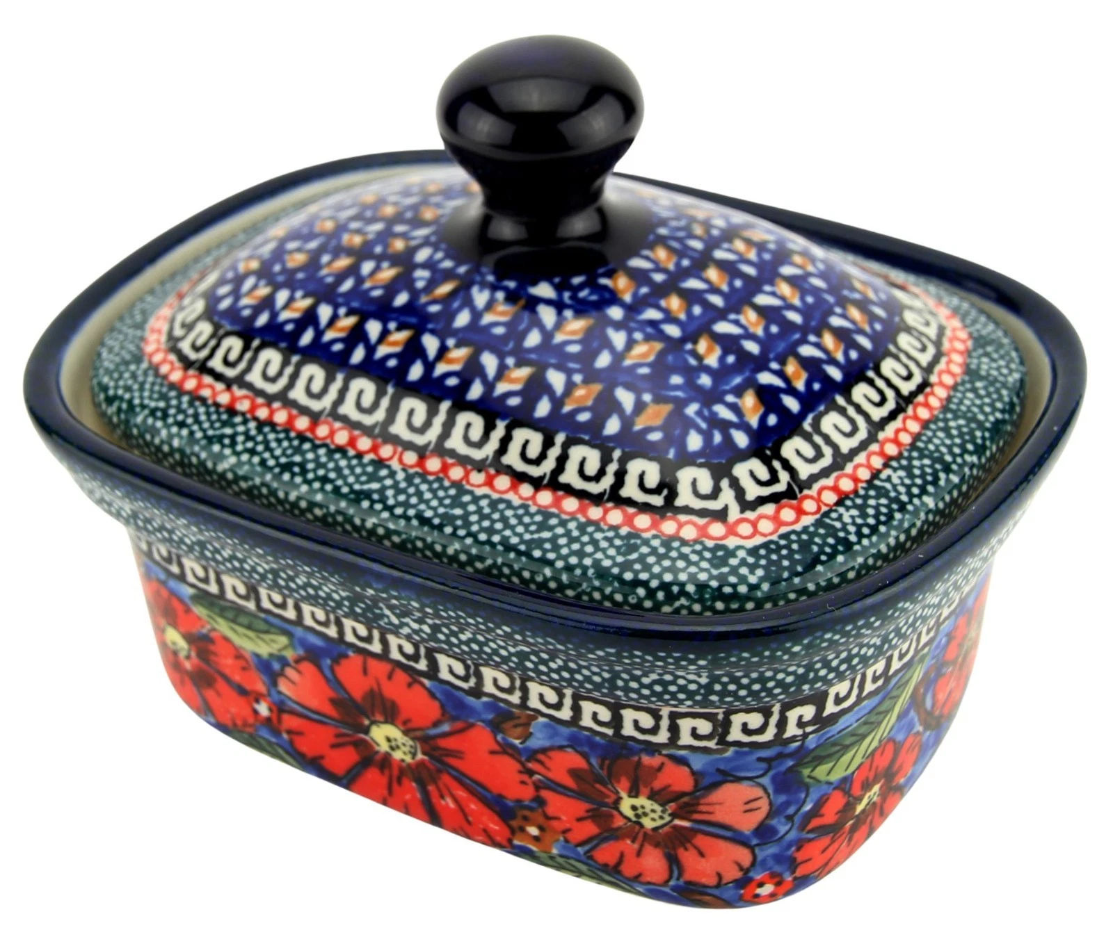 Polish Pottery Butter Dish / Container with Lid, 5.75" L x 4" W x 4" H, 14 Oz.
Opens in a new window